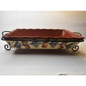Baking Dish With Metal Stand, Decorative Painted With Flowers. Terracotta Base